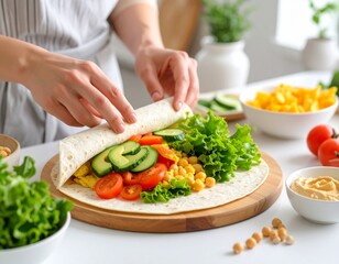Preparación de wrap saludable. Manos preparando wrap saludable con vegetales frescos y hummus, en cocina moderna con buena luz.