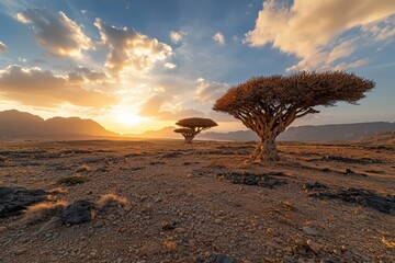 The surreal Dragon's Blood trees of Socotra Island, Yemen, with their umbrella-like canopies casting strange shadows on the rocky desert ground. The sky is painted with warm hues of the setting sun