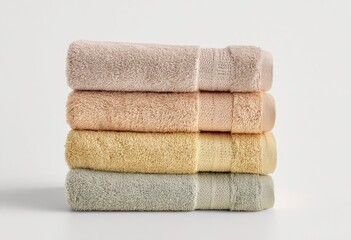 Stack of four folded towels in pastel colors