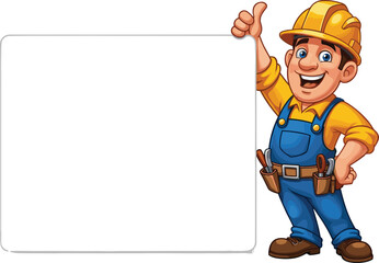 Cartoon construction worker giving thumbs up, blank sign, vector illustration for handyman service, home repair, building maintenance and safety promotion