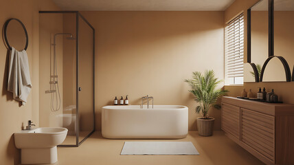 Fototapeta premium Beige bathroom with modern tub and shower. 