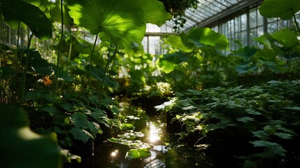 Obraz premium Sunlight filters through large leaves in a lush greenhouse, creating a serene atmosphere with a tranquil water reflection.