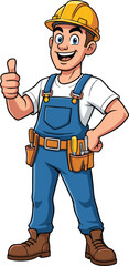 Cartoon construction worker, tool belt, blue overalls, hard hat, handyman illustration, vector character, thumbs up, repair man, confident pose