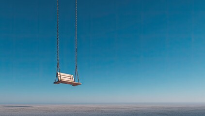 Empty wooden swing suspended in a vast, serene sky
