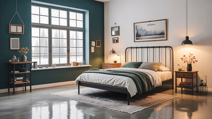 Modern bedroom with dark teal wall, large window, and metal bed.
