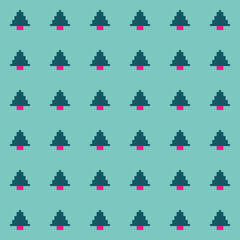 Small  green Christmas  trees in neon pink pots on a neon mint background