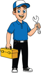 Cartoon handyman in blue uniform holding toolbox and wrench, professional technician, repair service, maintenance expert, isolated vector illustration, worker icon