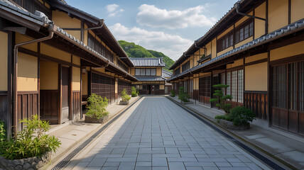 Traditional Japanese houses line a paved alley.
