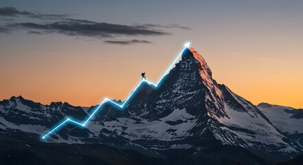 Solitary climber on a mountain peak with a bright ascending line graph against a dramatic dawn sky, concept of ambition and achieving goals.