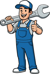 Cartoon mechanic character, blue overalls, white cap, large wrench, thumbs up, repair professional, cheerful pose, service icon, tool illustration