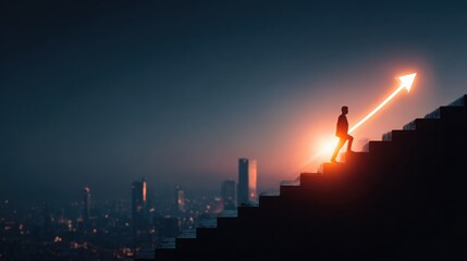 Individual ascending steps towards a bright future illuminated by a rising arrow in an urban setting