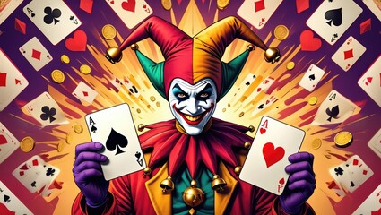 A colorful jester holding ace and heart cards, grinning with dramatic expression. Carnival and poker concept. Generative AI.