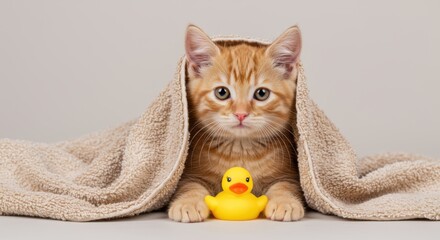 Adorable ginger kitten with yellow duck bath toy wrapped in a towel looking at camera on neutral background