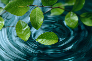 Green Leaves in Swirling Blue Water