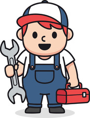 Cartoon mechanic character, red hair, white shirt, blue overalls, red toolbox, large wrench, confident smile, professional worker, isolated vector