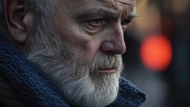 A close-up shot of a man with a long beard, looking directly at the camera