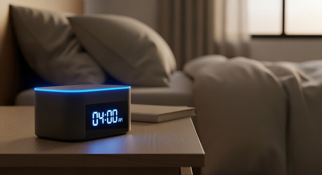 Smart alarm clock glowing at 4:00 AM on bedside table in dark bedroom