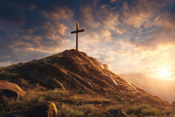 Sun Rays Behind Cross on Hill