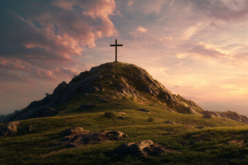 Cross on Rocky Hill at Sunrise