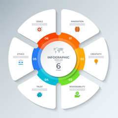 Modern circular infographic vector diagram divided into 6 steps. Each section includes icons, numbers, text placeholders. Can be used for business strategy, corporate presentations or project planning