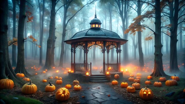 Enchanting halloween forest with a haunted gazebo surrounded by glowing pumpkins and mystical fog