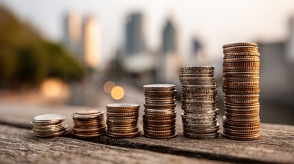 Stacks of coins arranged on a wooden surface against a blurred city skyline during golden hour