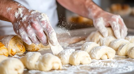 Hands working croissant dough on a floured surface, showing the artisan process behind flaky, fresh pastries.

