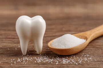 A white tooth figurine beside a wooden spoon filled with granulated white sugar on a wooden surface