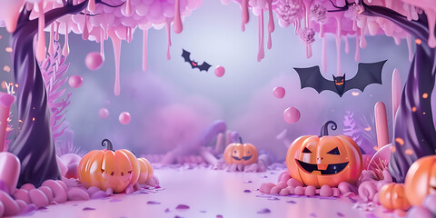Halloween scene with jack-o-lanterns bats and purple icicles
