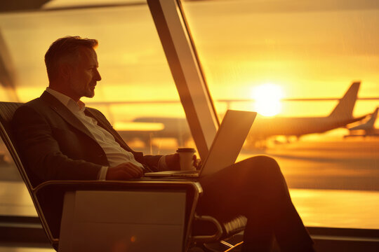 caucasian middle aged businessman sitting in airport lounge with laptop and coffee against vibrant sunset. business travel and remote work concept. ideal for corporate branding and travel promotions.