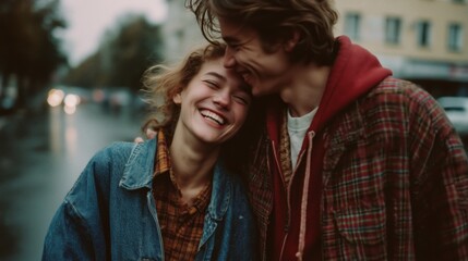Fototapeta premium Joyful young couple sharing a moment of laughter while walking together on a city street, wearing casual outfits.