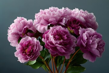 Vibrant pink peonies against soft gray background: a floral delight