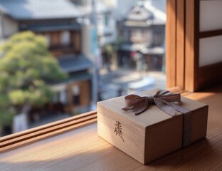 Wooden gift box on a windowsill, city view