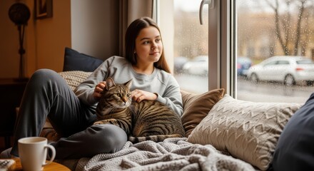 Woman Relaxing Indoors With Cat On Rainy Day