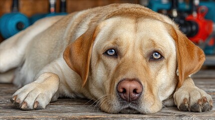 Cream-colored Lab resting, thoughtful gaze