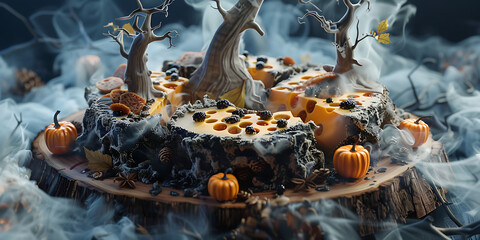 Halloween cake with spooky trees pumpkins and smoke
