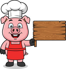 Cartoon pig chef character, holding blank wooden sign, restaurant menu template, cooking mascot illustration, cute animal design, culinary promotion
