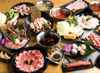 Exquisite Seafood, Bacon Beef Rolls, Bacon Pork, Spare Ribs, Wing Plate, Meat and Fish Balls,...