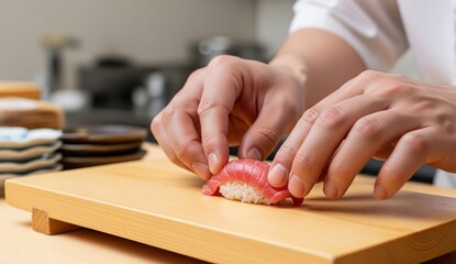 Obraz premium Close-up of a sushi chef placing a perfect piece of nigiri on a wooden platter, delicate slice of tuna glowing under soft daylight, rice grains visible, blurred minimalist kitchen in background.