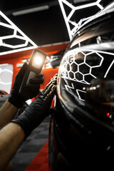 Car paint inspection using detailing inspection light before polishing or ceramic coating. Swirl...