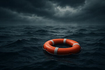 Lifebuoy floating in stormy sea with dark clouds and rain for rescue, survival, and emergency concepts