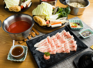 Bacon Pork for Hot Pot including Sliced Pork Belly with Fresh Vegetables in tray side view of Asian food