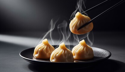 Close-up of steaming Chinese dumplings in a bamboo basket, chopsticks lifting one dumpling in mid-air, translucent skin with meat visible inside, blurred wooden table and soy sauce in background