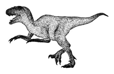 Running Deinonychus dinosaur illustration in vintage stipple engraving style isolated on transparent background