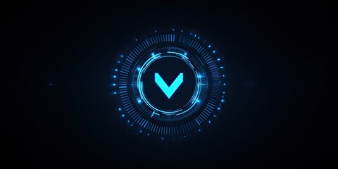 Circular, glowing, futuristic interface with a downward-pointing V symbol