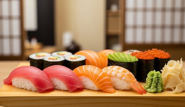 Close-up of assorted sushi pieces on a wooden tray, vibrant colors of tuna, salmon and avocado, wasabi and ginger on the side, blurred traditional Japanese restaurant background, pristine and minimali - Powered by Adobe