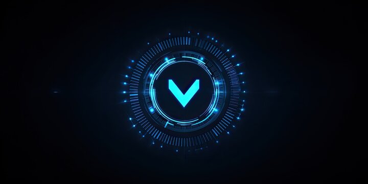 Circular, glowing, futuristic interface with a downward-pointing V symbol