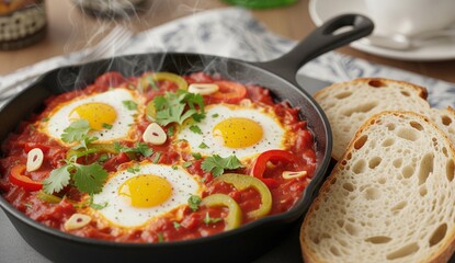 Close-up of shakshuka in a cast iron skillet, poached eggs in spicy tomato sauce, chopped herbs on top, crusty bread next to the pan, warm and inviting with blurred breakfast table.