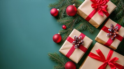 Festive Christmas Gifts Wrapped in Gold With Red Ribbons and Ornaments on a Green Background