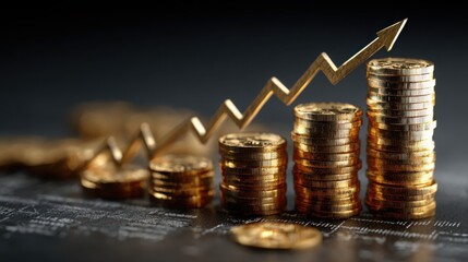 Growing investment trends with stacks of gold coins and an upward trend line